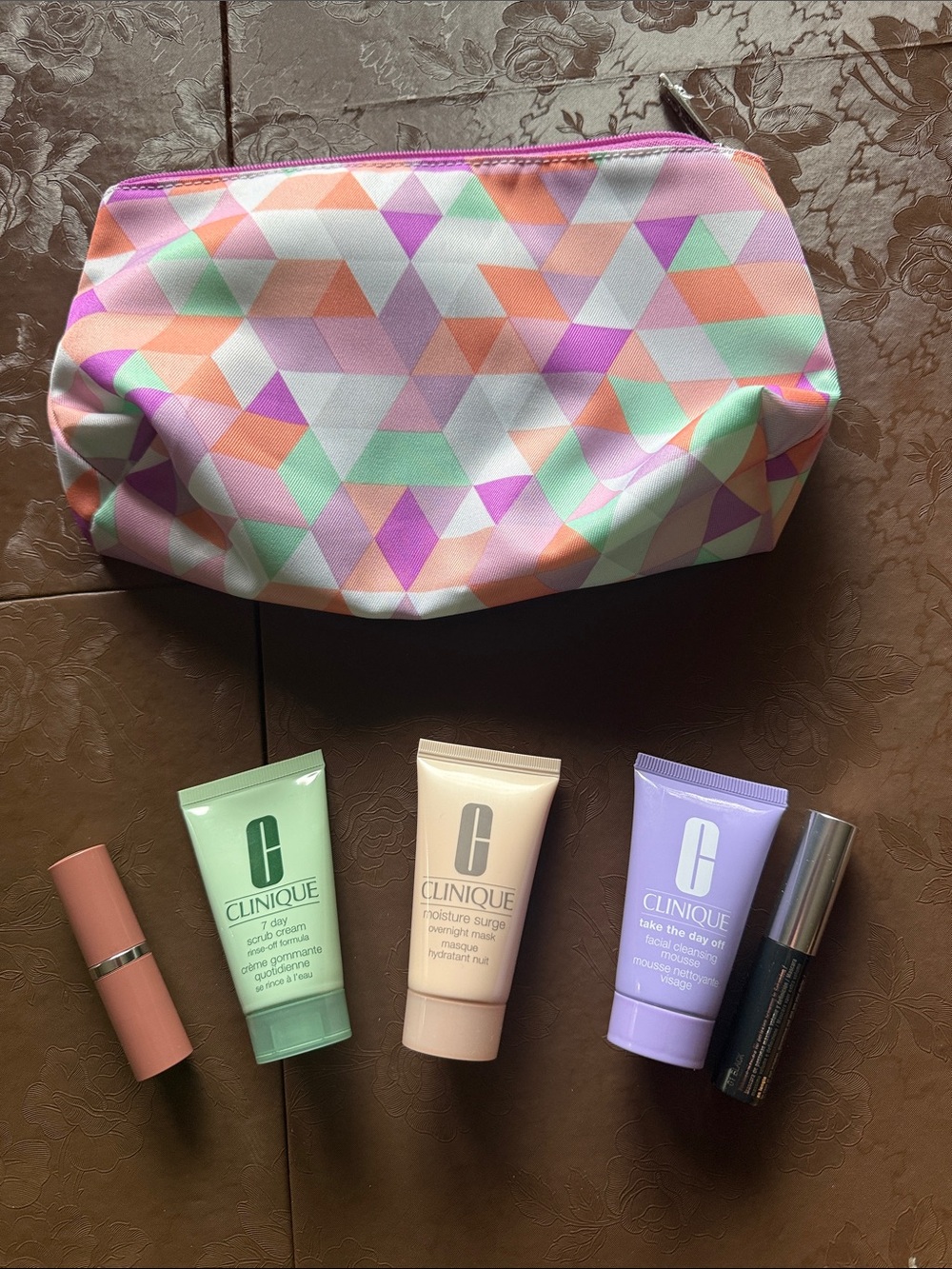Clinique Pastel Geometric Cosmetic Bag with Pink, Mint & Lavender Accents